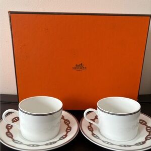 Hermes White and Brown Teacup Set with Orange Box